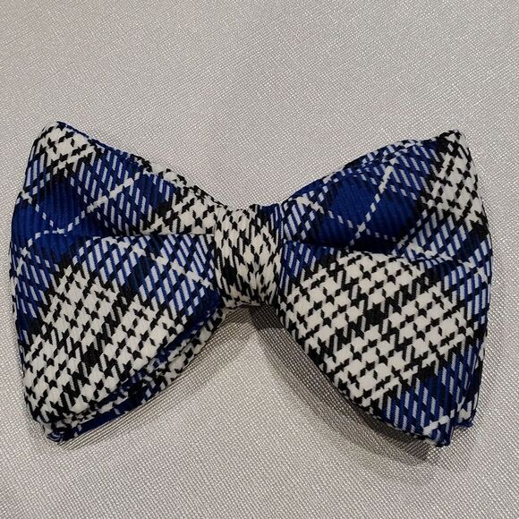 Wembley Vintage Oversize Double Bow Tie Polyester Blue Plaid RockaBilly 1123 - Picture 1 of 8